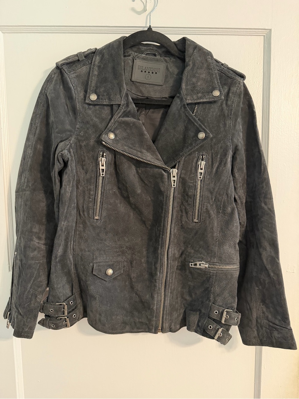 Blank NYC Charcoal Black Suede Moto Jacket with Buckle Detail